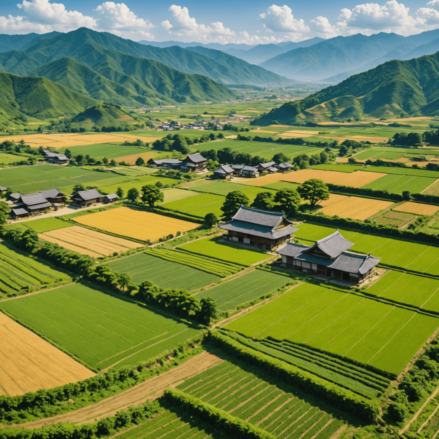 広大な日本の農場の風景。手入れの行き届いた畑には、様々な野菜や果物が育っています。背景には緑豊かな山々が見え、持続可能な農業の美しさを表現しています。