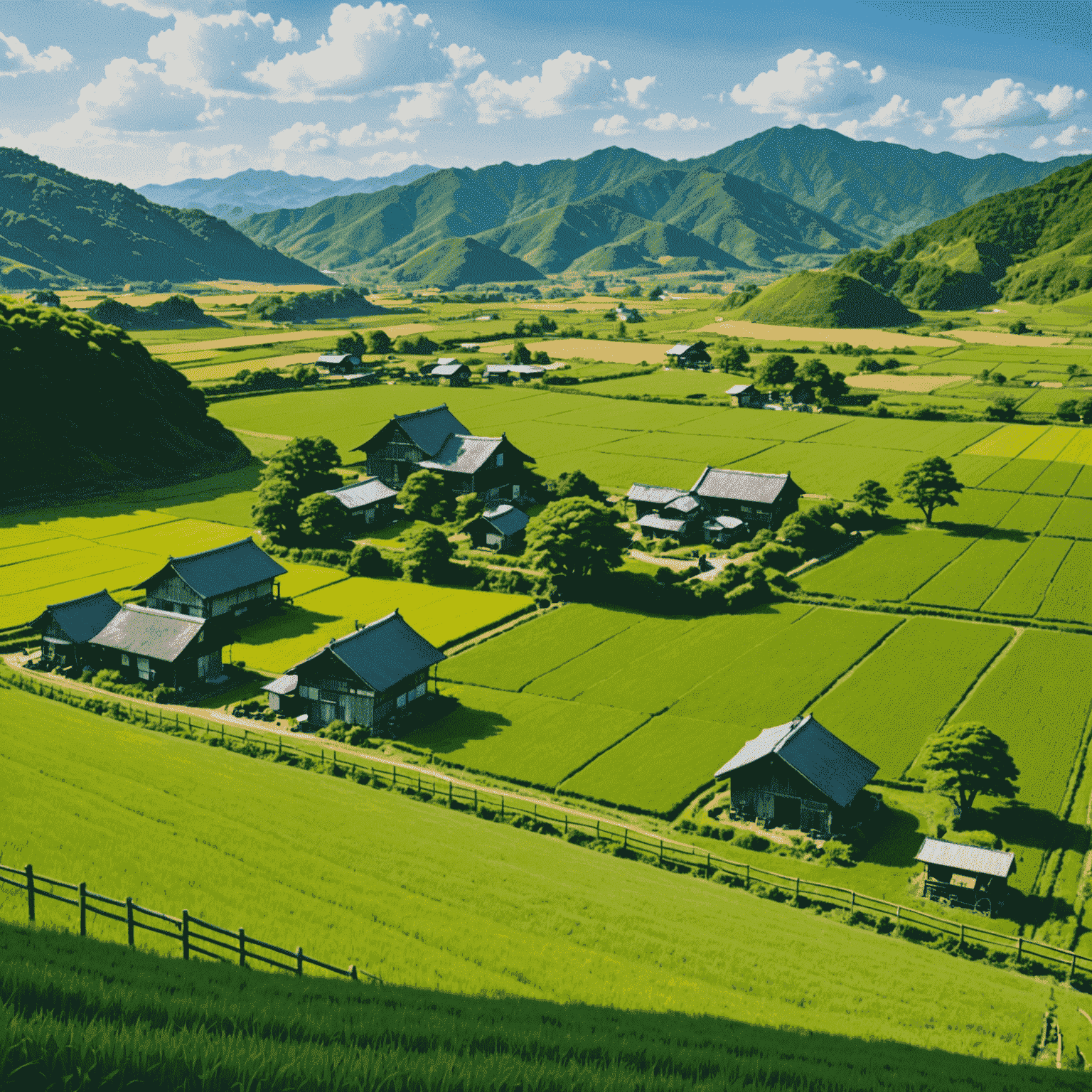 日本の美しい農場の風景。緑豊かな畑と働く農家の姿が見える。