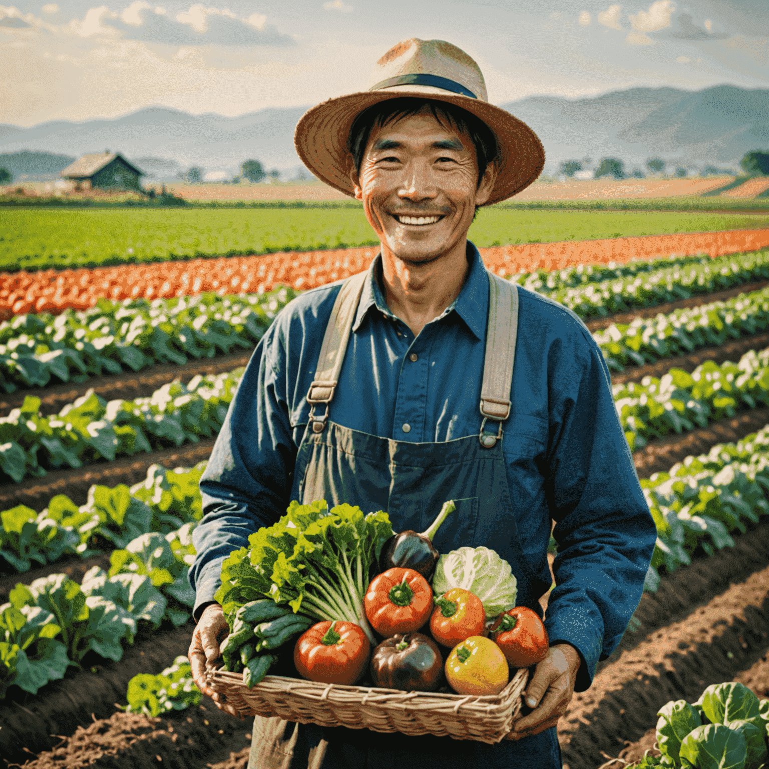 笑顔の日本人農家が、新鮮に収穫されたカラフルな野菜を手に持っています。背景には広々とした畑が見え、農家の誇りと喜びが伝わってきます。