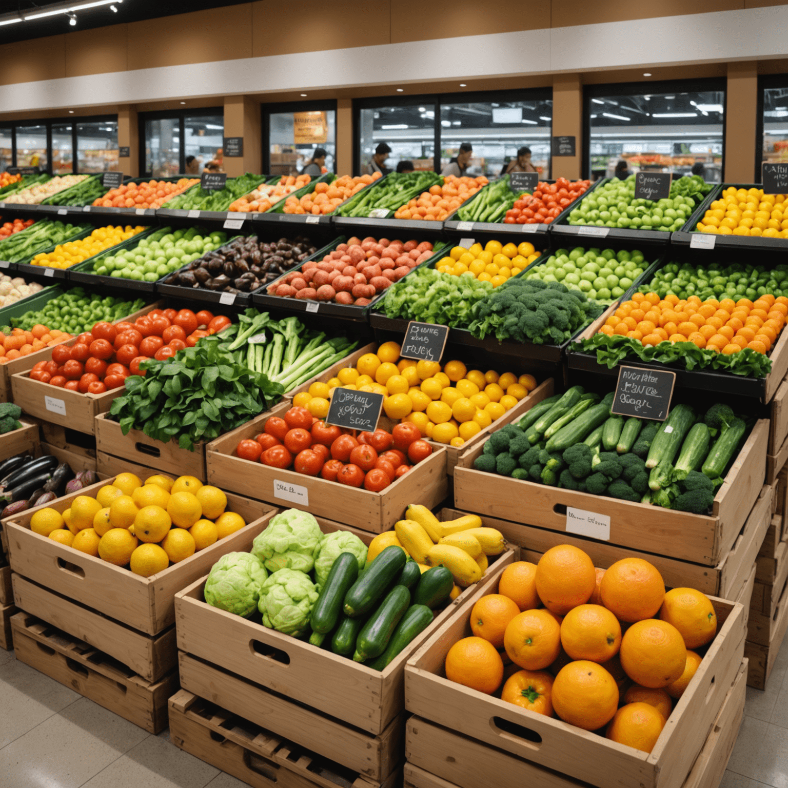 カスタマイズ可能な野菜や果物の箱。様々な新鮮な農産物が並び、顧客が選んでいる様子。