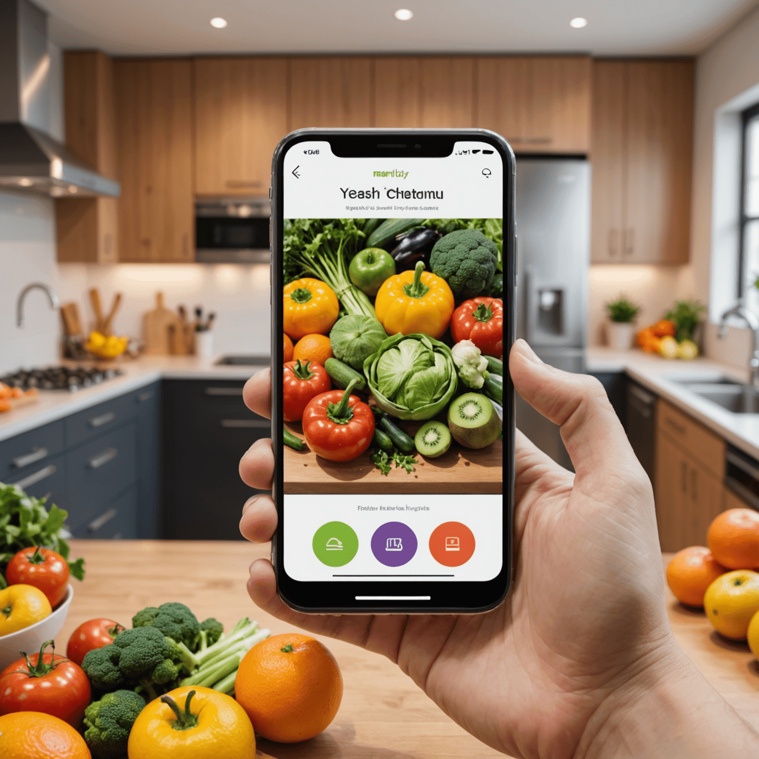スマートフォンを持つ手。画面には新鮮な果物や野菜の写真と注文ボタンが表示されている。背景にはモダンなキッチン。