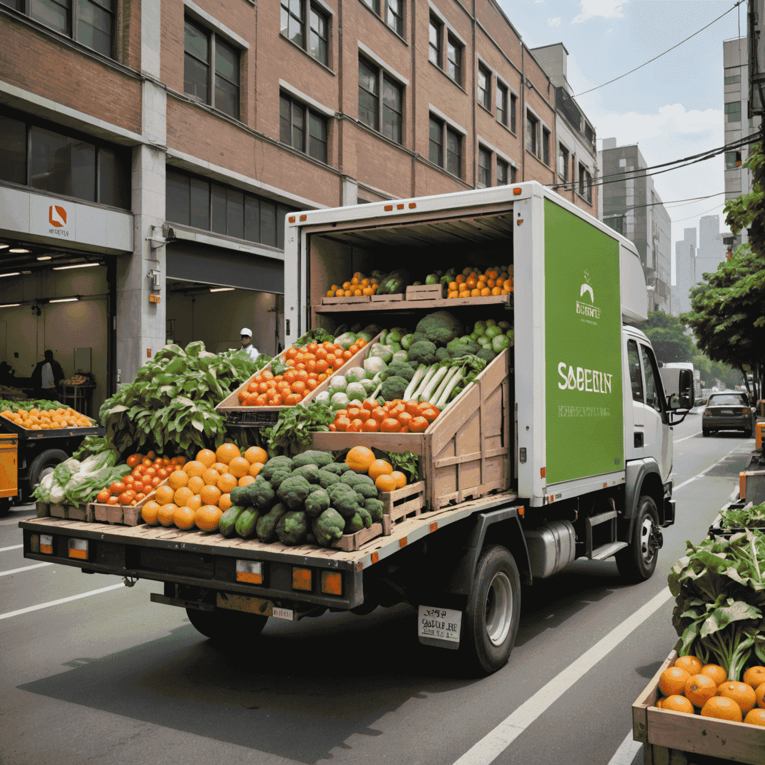 温度管理された配送トラックに新鮮な野菜や果物を積み込む様子。鮮度を保つための細心の注意が払われていることが伝わってきます。